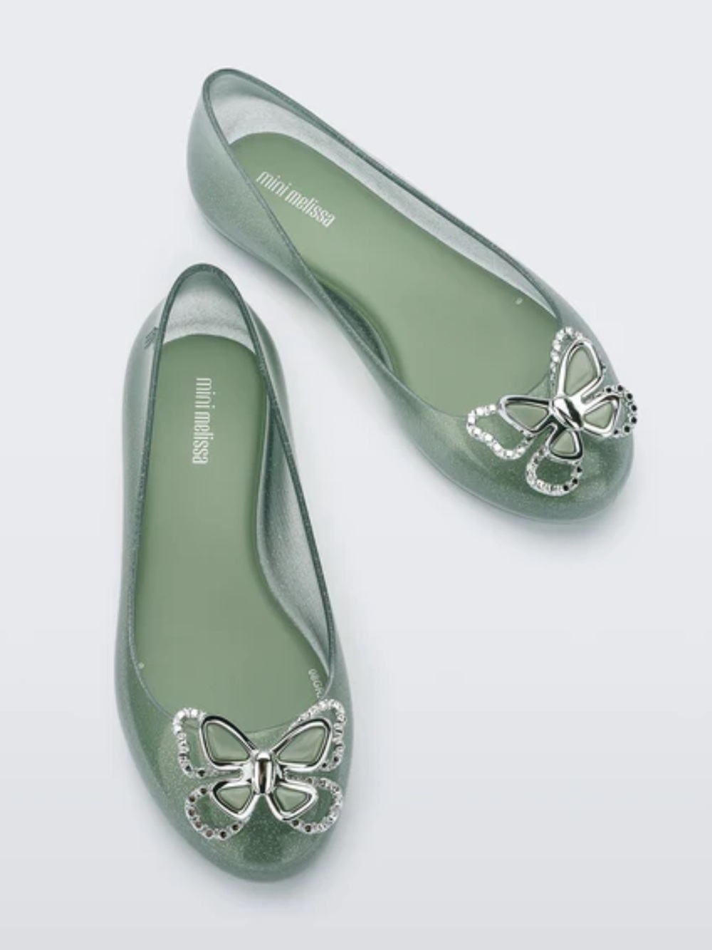 Mini Melissa Sweet Love Butterfly Flats Big Girl Sz 4 in Glitter Green Jelly’s